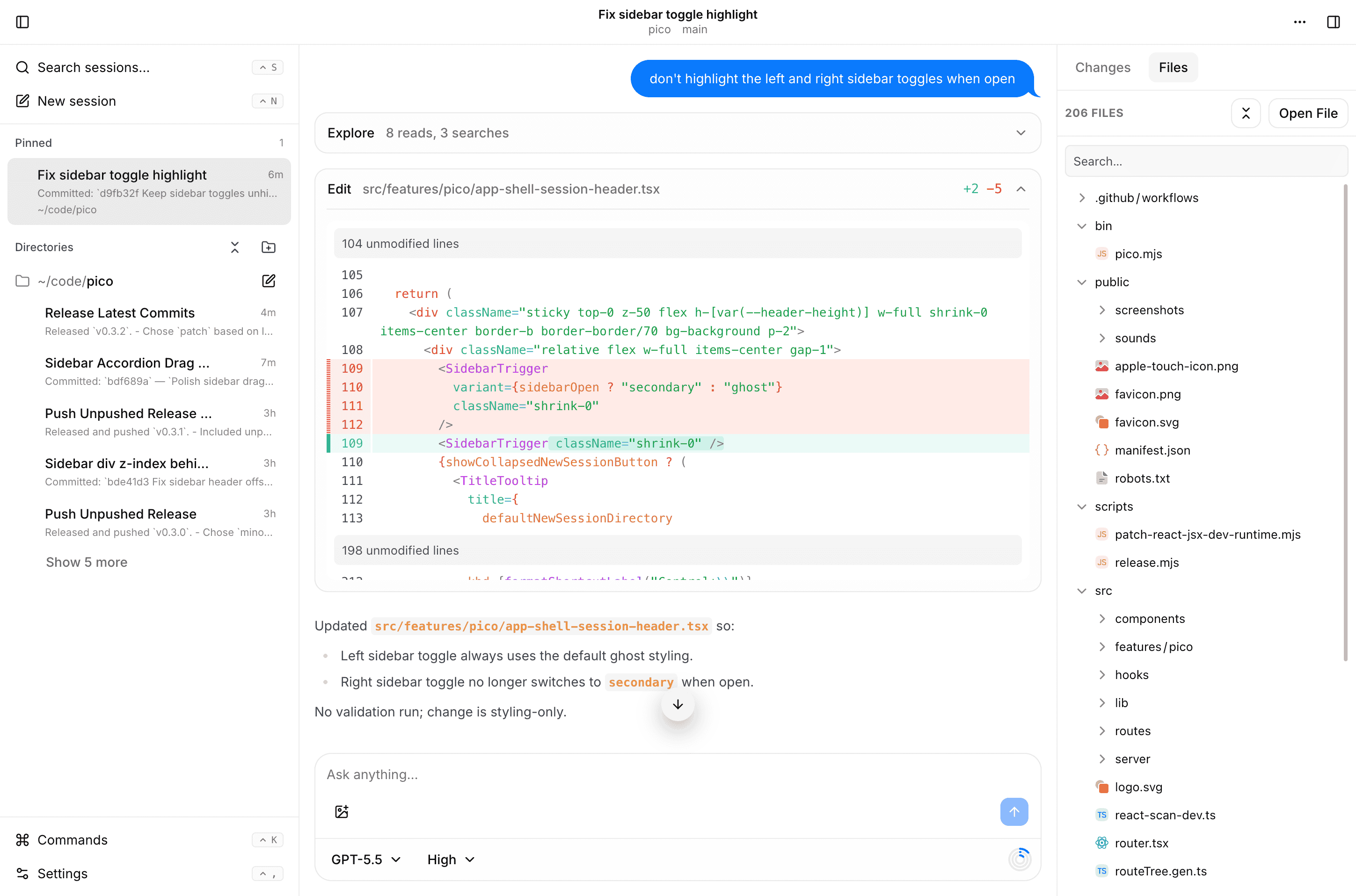 Pico workspace with project context and an agent at work