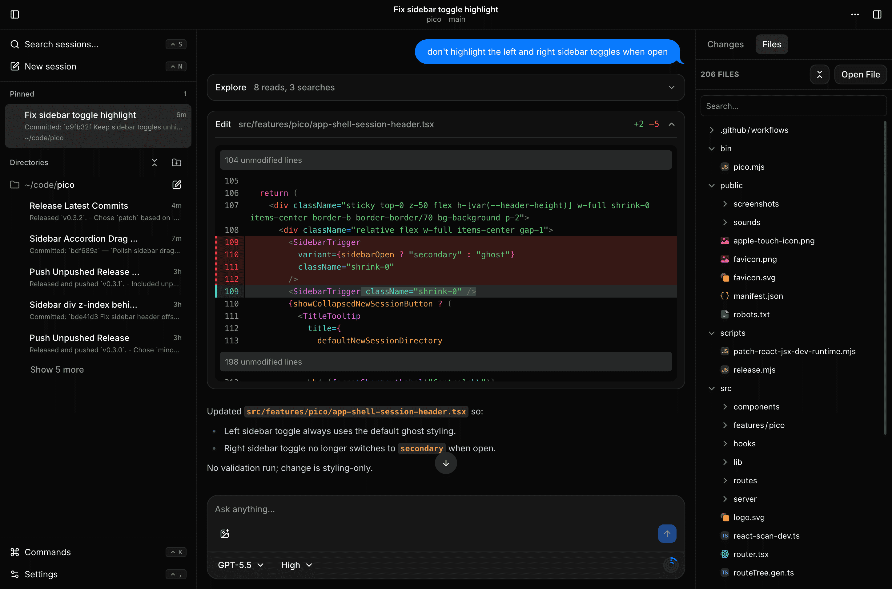 Pico workspace with the session list, conversation, composer, and Git tools